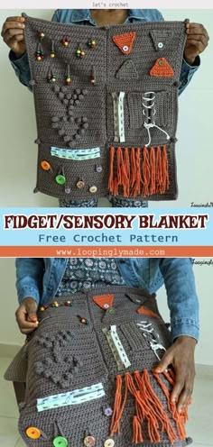 a person holding up a piece of crocheted clothing with buttons on it and the words, fidgets / sensory blanket free crochet pattern