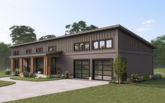 this is a computer rendering of a modern house with two car garages on the front