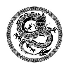 a black and white drawing of a dragon in a circular pattern on a white background