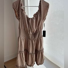 Size: Xl Color: Tan/ Nude Brand New W Tags (Never Been Worn!) Cute Off The Shoulder Dress W/ Great Stretch!! Shoulder To Hem (Falls Down To 35” Inches) Taupe Casual Dress For Day Out, Casual Taupe Dress For Brunch, Casual Taupe Dress For Day Out, Taupe Sleeveless Summer Dress, Summer Sleeveless Taupe Dress, Beige Flowy Casual Mini Dress, Sleeveless Taupe Summer Dress, Flowy Beige Casual Mini Dress, Nude Dress