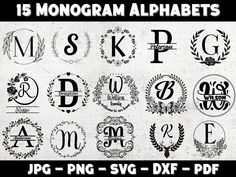 15 monogram alphabets in black and white with the letter s, p, dxf