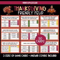 a thanksgiving themed game card with the words, 50 cards and an image of a turkey