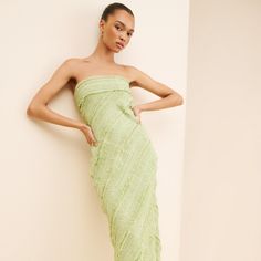 Strapless Ruffled Maxi Dress Summer Green Lace Midi Dress, Spring Maternity Midi Dress With Ruffles, Chic Lace Dresses With Ruched Detail, Spring Evening Ruched Maxi Dress, Spring Green Lace Midi Dress, Spring Green Ruched Midi Dress, Chic Lace Dresses For Spring, Chic Ruffled Maxi Dress For Spring, Spring Lace Dress With Ruched Detail