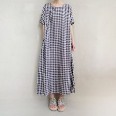 Women Plaid Dress Linen Caftan, Comfortable Dress Summer Linen Plaid Tunic Vintage Causal Cotton Dre Casual Cotton Maxi Dress For Picnic, Casual Gingham Maxi Dress For Summer, Spring Cotton Plaid Dress With Short Sleeves, Short Sleeve Cotton Plaid Dress For Spring, Short Sleeve Cotton Plaid Spring Dress, Cotton Plaid Dress For Summer Garden Party, Summer Cotton Plaid Dress For Garden Party, Summer Plaid Cotton Dress For Garden Party, Summer Garden Party Cotton Plaid Dress