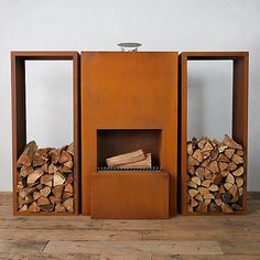 three wooden shelves with firewood stacked in them