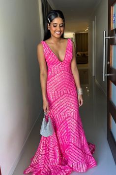 Hot Pink V-Neck Long Party Dress Party Dress Winter, Winter Formal Dress, Prom Evening Dresses, Glitter Mermaid, Long Party Dress, Winter Formal Dresses, Dress Winter, Winter Formal, Winter Party Dress