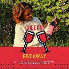 a woman holding two wine glasses with the words cheers giveaway written in red on it