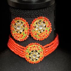 Choker Style Statement Neckalce With Matching Earrings. Multicolor Choker Jewelry Sets For Party, Heavy Multicolor Choker Jewelry, Traditional Heavy Multicolor Choker, Elegant Multicolor Choker Jewelry Sets, Traditional Orange Multi-strand Jewelry, Choker Style, Matching Earrings, Womens Jewelry Necklace, Earring Set