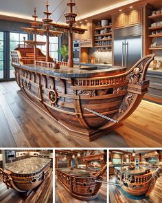 a large wooden boat in a kitchen with lots of counter space and shelves on the wall