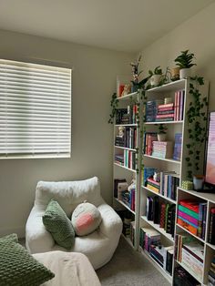 a living room with bookshelves, couch and television in the corner on carpeted floor