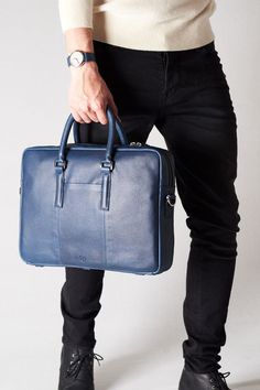 Gazeli Leather Briefcase for Men · Navy by Capra Business Leather Luggage With Top Handle, Blue Business Briefcase With Top Carry Handle, Modern Blue Bags For Business Trips, Blue Rectangular Laptop Bag For Business, Blue Rectangular Business Laptop Bag, Blue Business Satchel With Top Carry Handle, Modern Blue Briefcase For Business, Blue Rectangular Bag For Business Trips, Rectangular Blue Bag For Business Trips