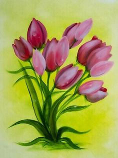 a painting of pink tulips on a yellow background