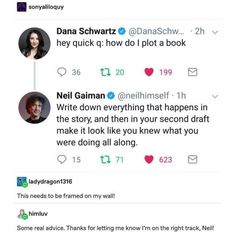 two tweets on twitter with the caption that reads, dana schwartz and neil gaiman