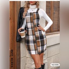 (M) Shein Zip Up Overall Plaid Dress. Brand New. Will Ship In Original Packaging. Plaid Dress Fall, Winter Holiday Party, Shein Dress, Holiday Party Dresses, Ruffle Hem Dress, Brown Plaid, Dress For Short Women, Overall Dress, Plaid Print