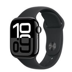 an apple watch with black band and white numbers