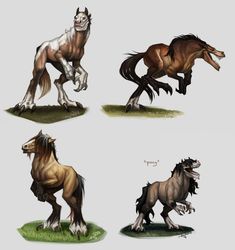 four different colored horses standing on top of each other's legs in the grass