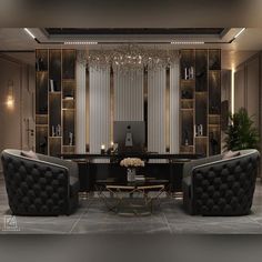 a living room filled with black furniture and a chandelier hanging from the ceiling