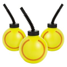 two yellow plastic baseball bottles with black caps