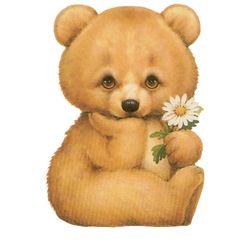 a brown teddy bear holding a white flower