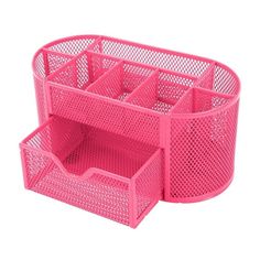 two pink plastic storage bins sitting next to each other on top of a white surface