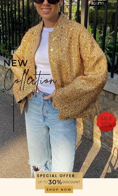 Golden Times Sequin Pocket Relaxed Jacket Winter Party Blazer With Pockets, Gold Long Sleeve Blazer For Winter, Winter Party Outerwear With Pockets, Winter Outerwear With Pockets For Parties, Trendy Gold Outerwear For Party, Trendy Gold Party Outerwear, Fall Party Blazer With Pockets, Chic Gold Long Sleeve Outerwear, Chic Gold Blazer For Winter