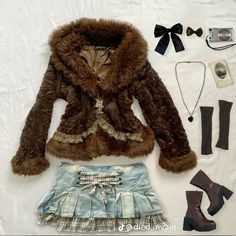 Fur Boots Outfit, Brown Fur Coat, Fur Coat Outfit, Skirt Bow, Blue Denim Mini Skirt, Brown Fur, Brown Outfit, 2000s Fashion Outfits, Swaggy Outfits