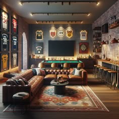 A man cave seamlessly blends modern and vintage elements. A large TV sits on a brick wall and a mini-bar invites relaxation. Neon signs mix with worn team jerseys on the walls. A pool table and a pinball machine add a dose of fun, while a worn-out oriental rug sits on a polished floor. The entire place is lit by spotlights creating a cozy ambiance. #ManCave #InteriorDesign #VintageDecor #ModernLuxury #HomeBar #GameRoom Unique Man Cave Ideas, Home Lounge Room Bar, Modern Man Cave, Bar Nook, Whiskey Lounge, Garage Game Rooms, Male Aesthetic, Whiskey Room