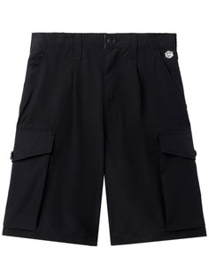 black appliqué logo rear elasticated waistband front button fastening belt loops two side cargo pockets knee-length Techwear Cargo Shorts With Multiple Pockets, Techwear Cargo Shorts With Cargo Pockets, Black Cargo Knee-length Shorts, Utility Style Knee-length Shorts With Multiple Pockets, Utility Knee-length Shorts With Multiple Pockets, Knee-length Utility Shorts With Multiple Pockets, Techwear Cargo Shorts For Streetwear, Black Cargo Shorts With Belt Loops, Black Cargo Pants With Belt Loops