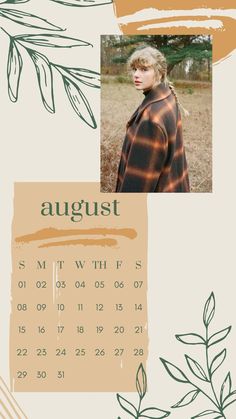 a calendar with an image of a person wearing a plaid shirt and leaves on it