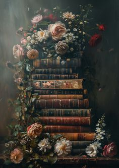 a painting of flowers and books on a shelf