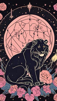 a drawing of a lion sitting in front of a full moon with roses around it