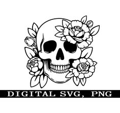 a skull with flowers on it and the words digital svg, png written below