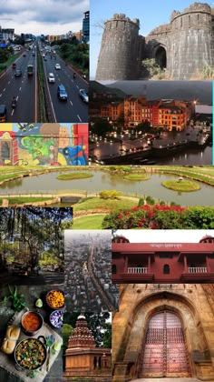 the collage has many different pictures including buildings, roads and cars on it in various colors