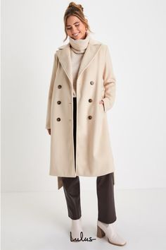 We predict that the forecast will be fashionable this fall with chic looks like the Lulus Season of Sophistication Cream Double-Breasted Coat! Brushed, wool-like woven fabric shapes this essential coat that starts with long sleeves that frame a collared neckline with notched lapels. The longline silhouette boasts a double-breasted design with two rows of buttons (one functional and one decorative) and an internal button closure, along with front diagonal pockets. A matching tying sash cinches at Winter Coats Outfits Women, Cream Belted Coat, White Trench Coat Outfit Women, Biltmore Estate Outfit Winter, Long Coat Outfit Women, Cream Trench Coat Outfit, Cream Coat Outfit Winter, San Francisco Aesthetic Outfits, Cream Long Coat