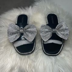 Brand New Slides Rhinestone Bow And Detail True Fit Black Rhinestone Sandals With Round Toe, Black Rhinestone Round Toe Sandals, Black Bling Sandals For Party, Black Bedazzled Sandals For Party, Trendy Black Sandals With Rhinestones, Glamorous Black Sandals With Bling, Elegant Black Sandals With Bling, Glamorous Bedazzled Black Sandals, Black Bling Sandals For Night Out