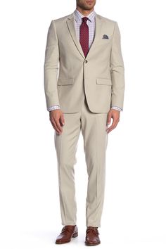 Freshen up your formalwear with this crisp two-piece suit featuring a patterned lining on the jacket and a horizontal strap across the pant's placket. Lined 68% polyester, 30% viscose, 2% spandex Dry clean Imported Single Breasted Business Casual Suiting Sets, Single Breasted Suiting Fabric Sets For Business Casual, Business Casual Single Breasted Suit Sets, Business Casual Single-breasted Suit Set, Single Breasted Suits For Spring Formal, Slim Fit Suit For Semi-formal Spring Events, Spring Slim Fit Business Sets, Spring Business Set With Slim Fit, Spring Business Sets In Slim Fit