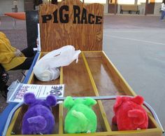 three stuffed animals are sitting in a toy boat that is on the ground next to a sign reading pig race