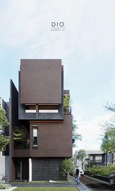 an image of a modern house in the middle of a street with people walking by