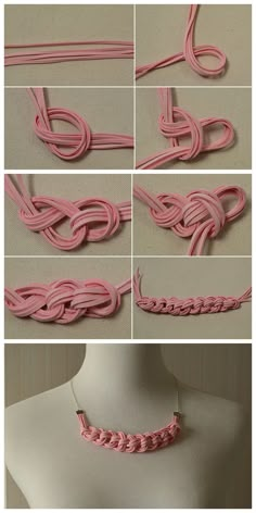 the instructions for how to make a braided necklace with pink thread and leather cord