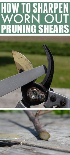 a pair of scissors with the words how to sharpen worn out pruning shears