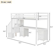 loft bed with desk and drawers in white finish, size guide for the bunk bed