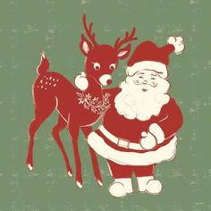 a santa claus and a deer on a green background