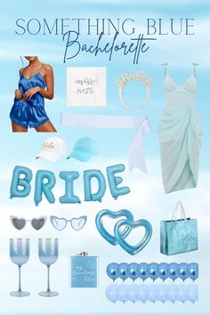 some blue and white items are arranged in the shape of an advertisement for a bachelor party