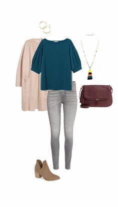 Teal Shirt Outfit, Grey Jeans Outfit, Teal Outfits, Style Inspiration Classic, Women's Outfit Sets, Minimalist Capsule Wardrobe, Teal Top, Fall Capsule Wardrobe, Fall 2018