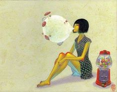 a painting of a woman sitting on the ground next to a gummy ball machine