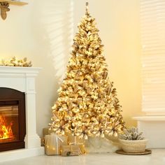 a lit christmas tree in front of a fireplace