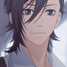 an anime character with black hair and blue eyes