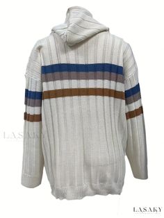 Lasaky - Womens Plus Size Stripe Print Long Sleeve Drawstring Hoodie Sweater With Pockets - Casual and Comfortable Warm White Casual Sweater, Casual Cream Sweater With Drawstring Hood, Casual Cream Hoodie Sweater, White Hoodie For Fall, White Hoodie For Cold Weather In Fall, White Fall Hoodie, Casual Cream Tops For Cold Weather, Cream Hoodie Sweater For Fall, White Casual Sweatshirt For Cold Weather