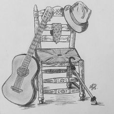 a drawing of a chair with a guitar and hat sitting on it's back