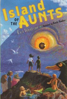 the cover of island of the aunts by eva talbotson with children standing on rocks